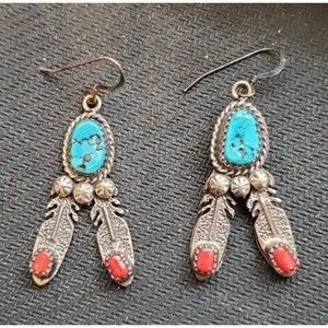 Vtg Native American Sterling Turquoise & Coral Feather Dangle Earrings Sgnd R.B.